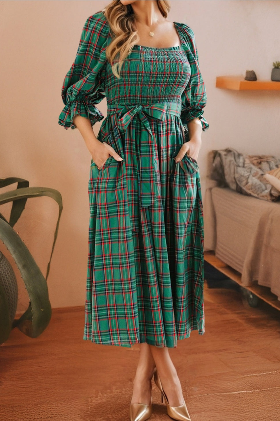 Green plaid dress
