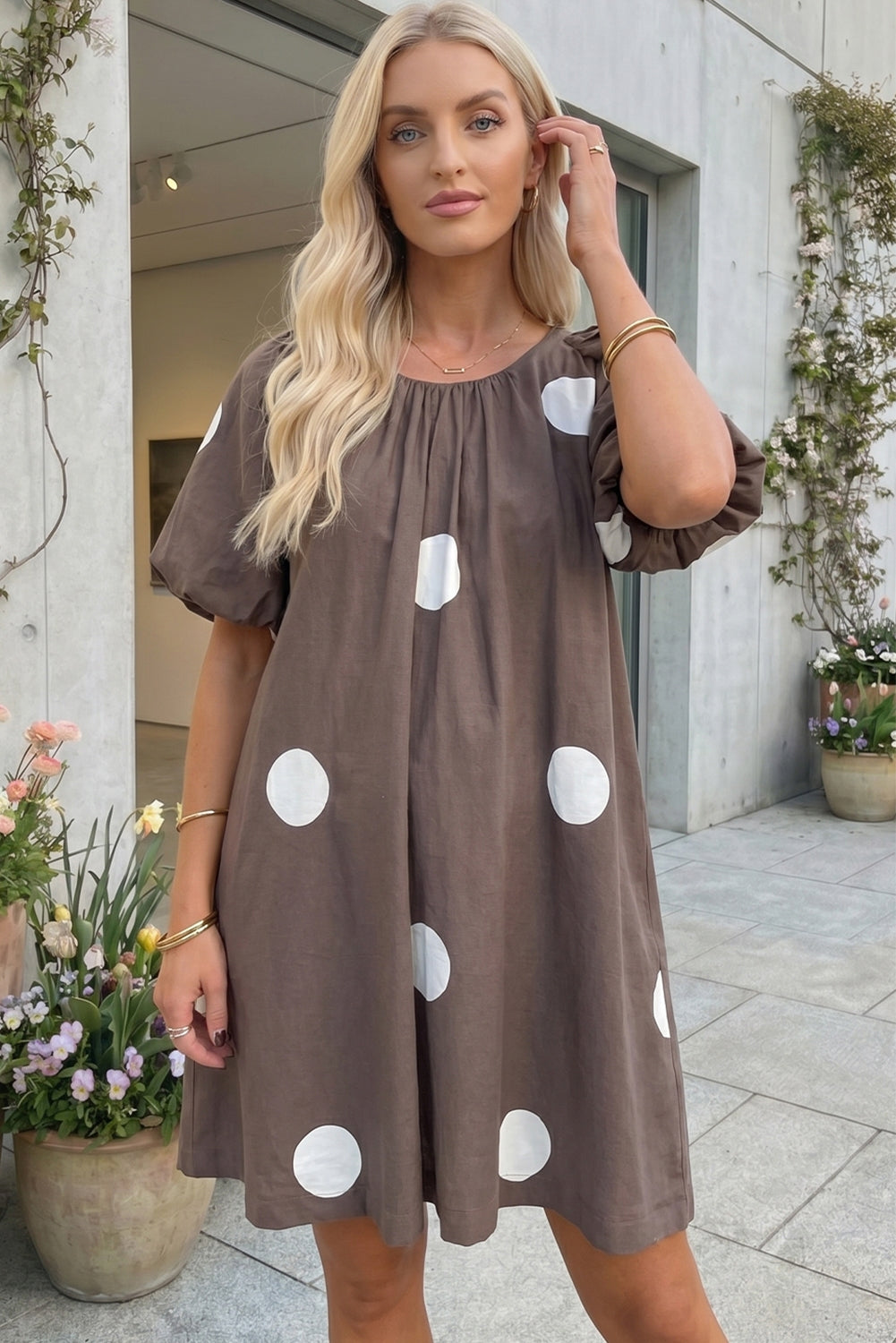 Brown polka dot midi dress